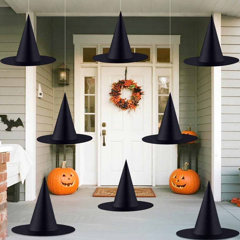 1509 8 Pcs Halloween Witch Hats Hanging Decor Indoor, Black Floating